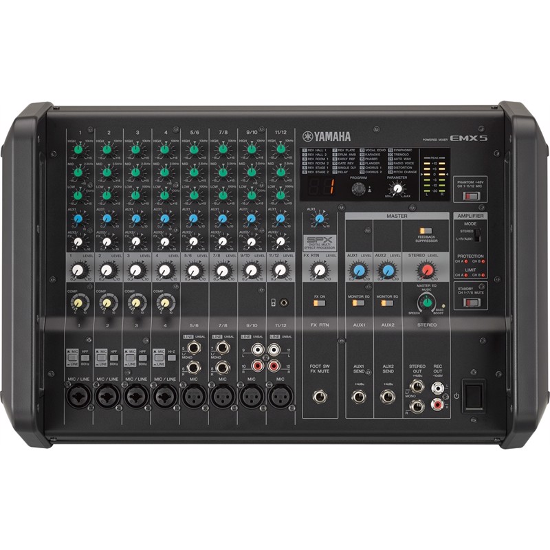 YAMAHA EMX5 - Power Mixer med 12 Line Inputs (8 mono + 4 stereo). 2x 500W [4]. Digital Effects.